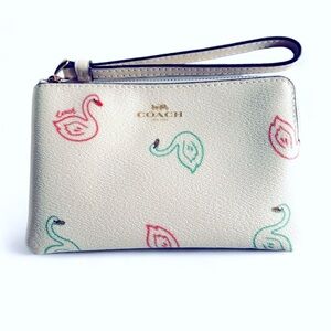 Coach Corner Zip Wristlet With Swan Print